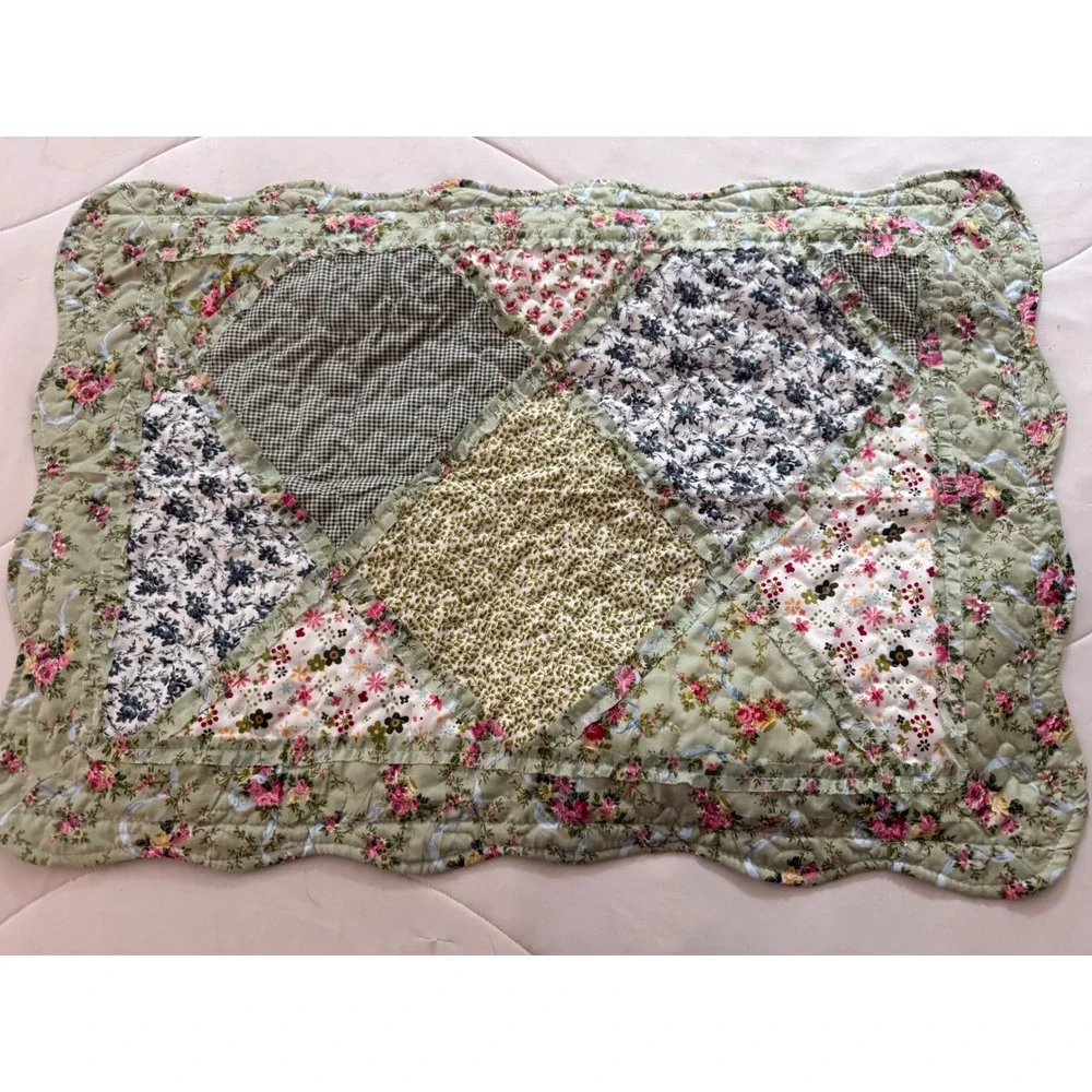 Vintage Patchwork Quilted Pillow Sham Sage Green Floral Gingham Scalloped Edge